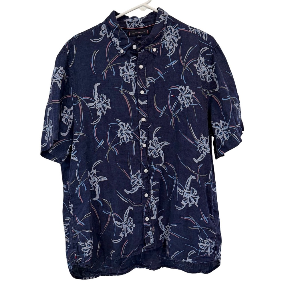 Tommy Hilfiger Mens XXL Navy Blue 100% Linen Floral Slim Fit Short Sleeve Shirt